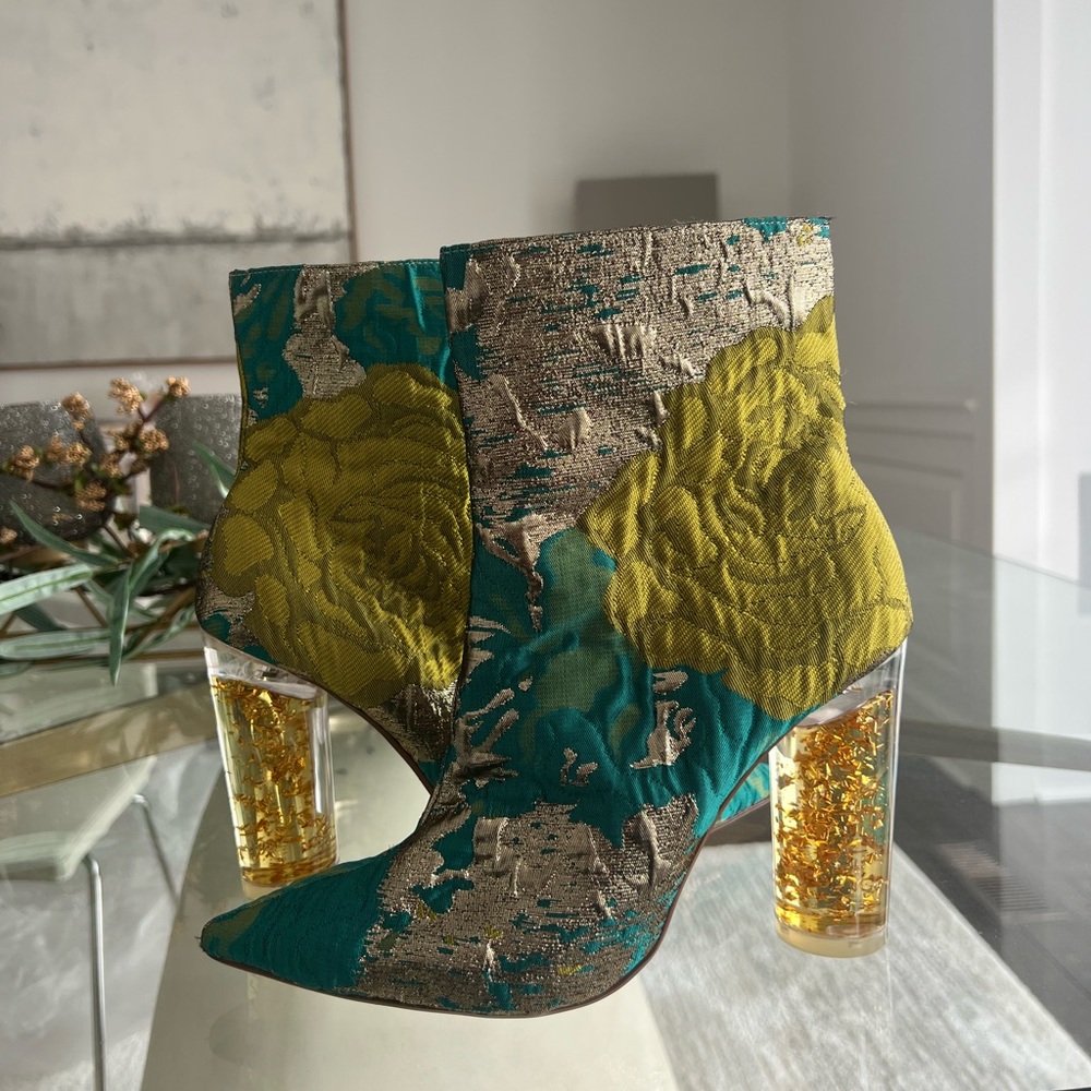 RAYE turquoise and green boots with gold dust in clear heel